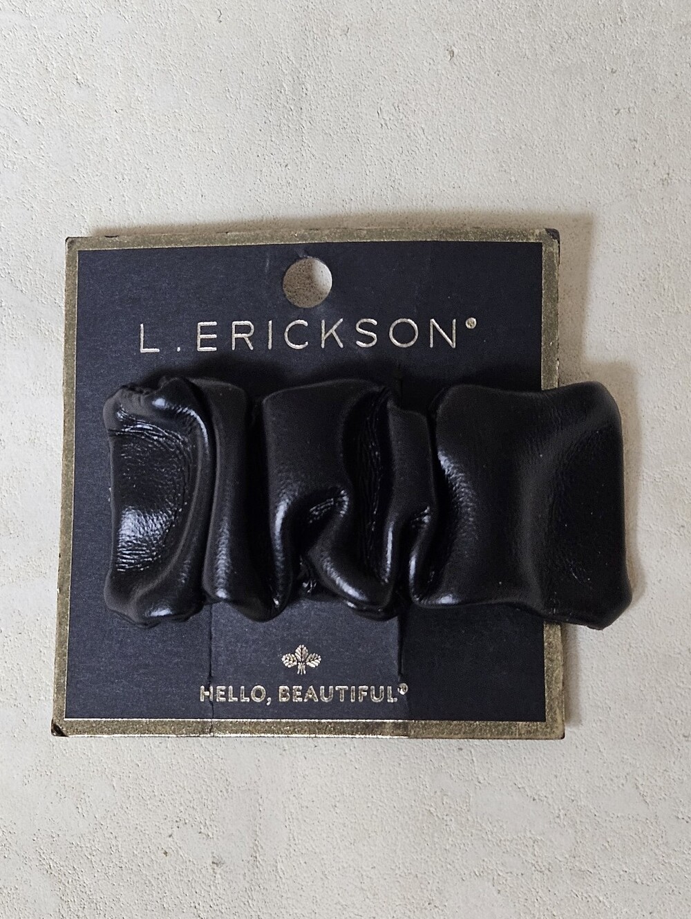 NWT L. Erickson France Luxe Black Ruched Faux Leather Barrette Black Hair Clip3"